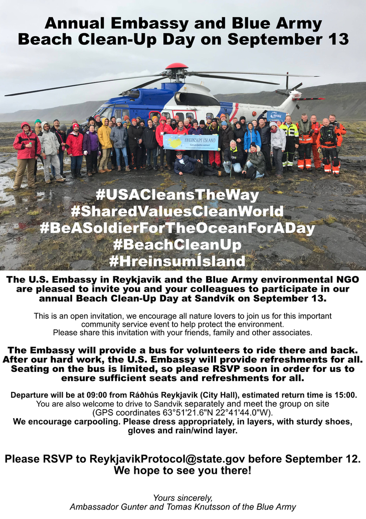 Annual Embassy and Blue Army Beach Clean-Up Day on September 13. An advertisement Annual Embassy and Blue Army Beach Clean-Up Day on September 13. An advertisement