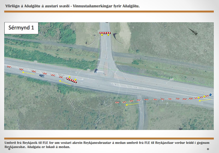 Merkingar sem sýna lokun Aðalgötu og umferð framhjá gatnamótum Aðalgötu og Reykjanesbrautar Merkingar sem sýna lokun Aðalgötu og umferð framhjá gatnamótum Aðalgötu og Reykjanesbrautar