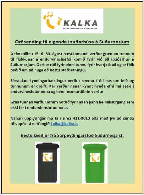 Hér má sjá orðsendingu frá Kölku sem dreift var í öll hús á Suðurnesjum í vor Hér má sjá orðsendingu frá Kölku sem dreift var í öll hús á Suðurnesjum í vor