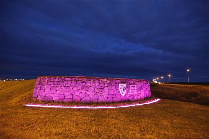 Hlið inn í Reykjanesbæ baðað bleikum lit.