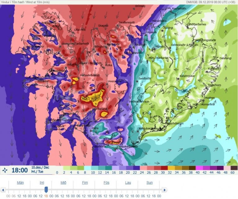 Vindaspá Veðurstofu Íslands kl. 18:00 þriðjudaginn 10. desember. Ljósmynd: Veðurstofa Íslands